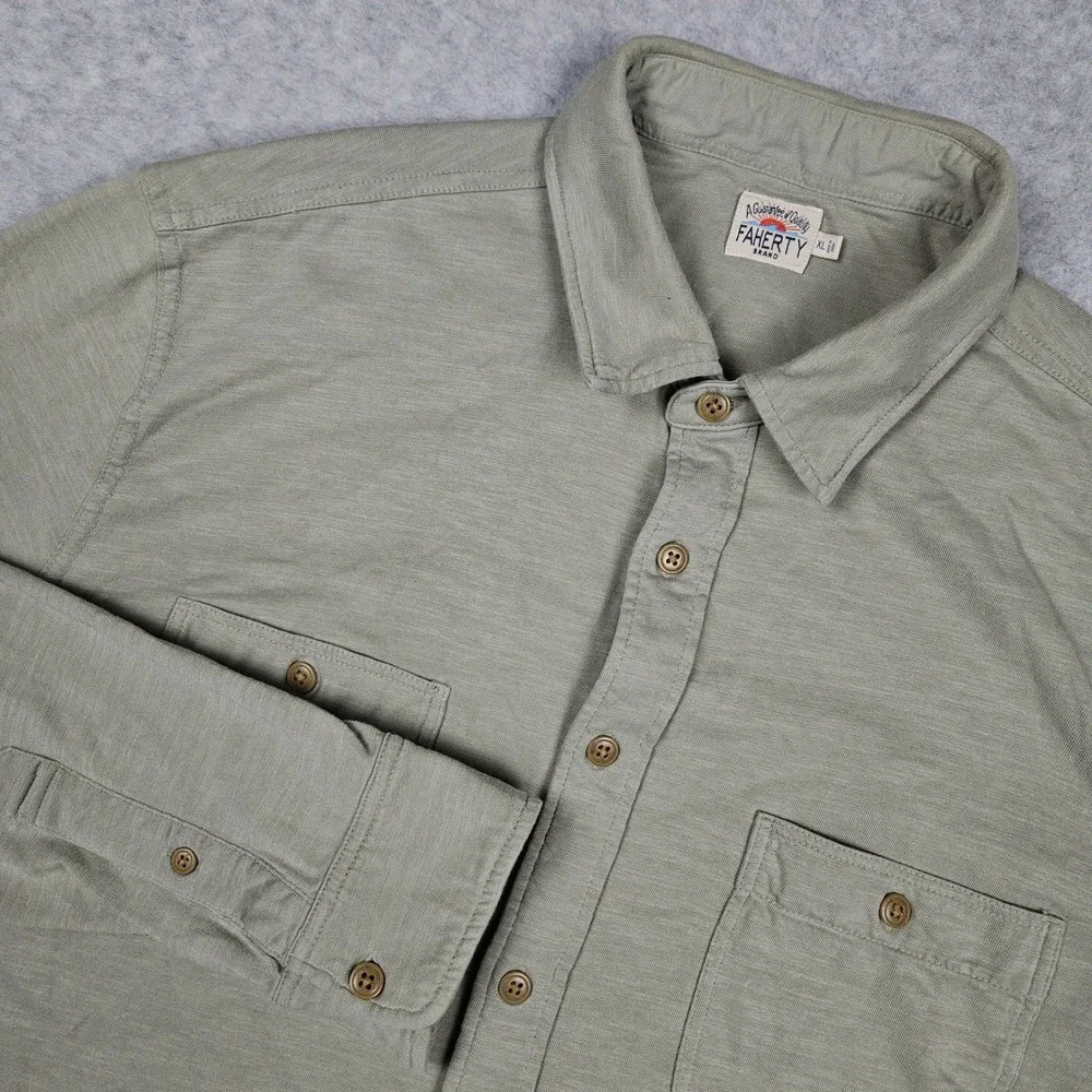 Faherty Seasons Men's XL Gray Green Button Front Shirt Organic Cotton Workshirt